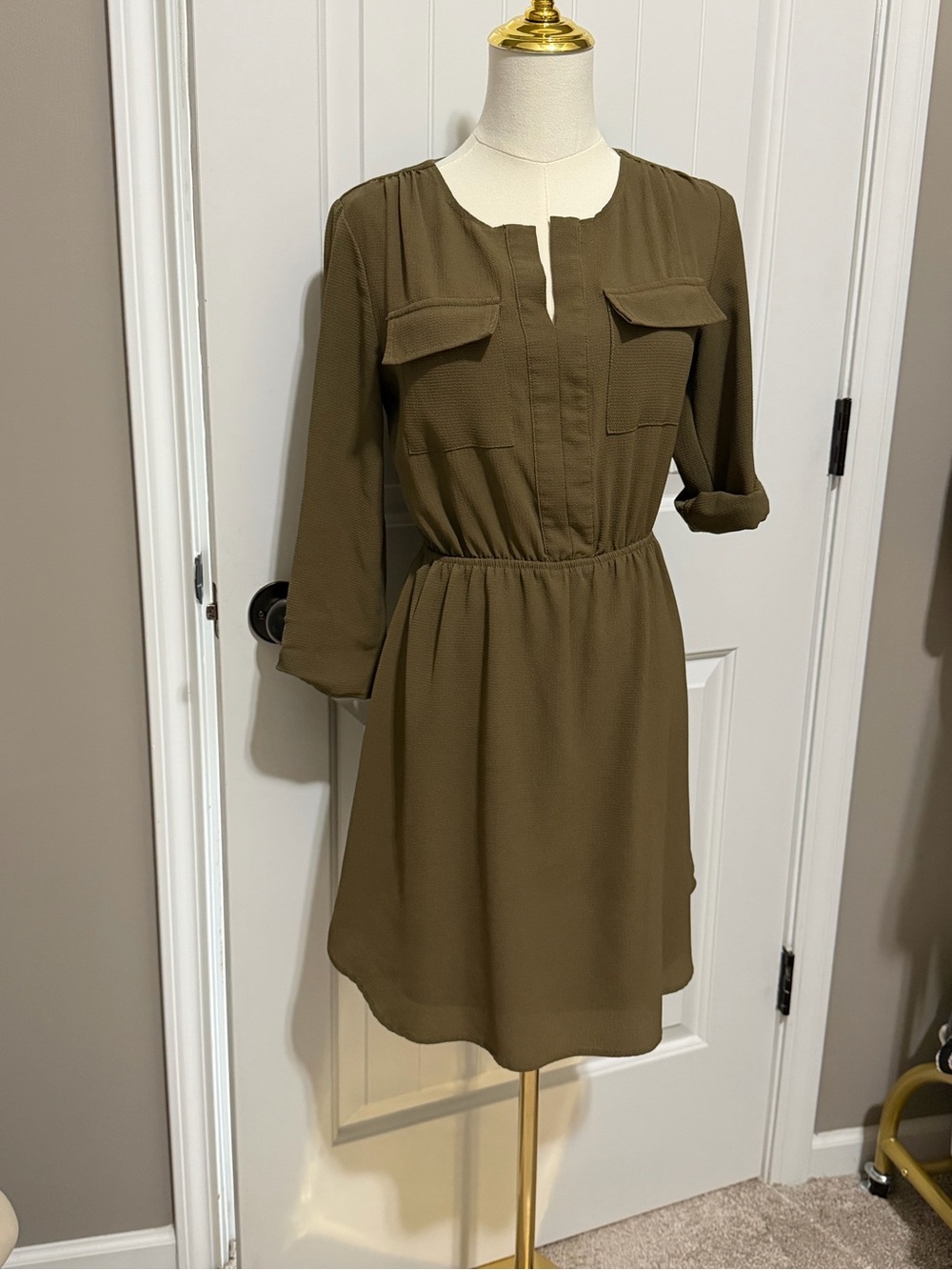 Olive Utility Long Sleeve Elastic-Waist Dress